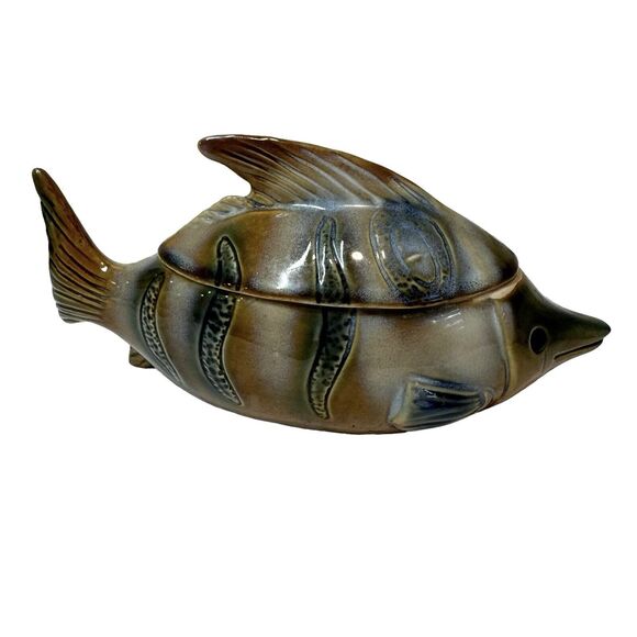 Art Glazed Pottery Fish Trinket Box Bowl With Lid Handmade Unmarked 7" - Picture 7 of 11